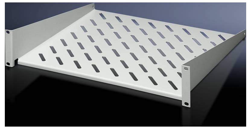 Metallic shelf panel with slots, suitable for mounting in a 19-inch rack.