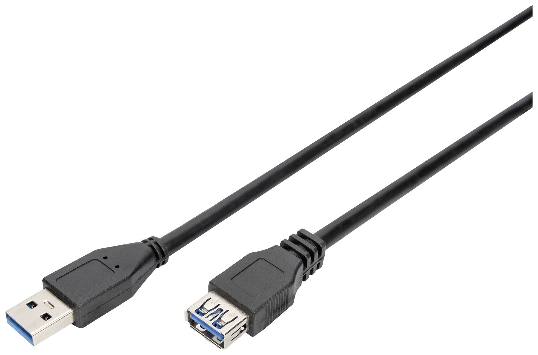 A black USB extension cable with a USB-A plug and a USB-A socket on a white background.