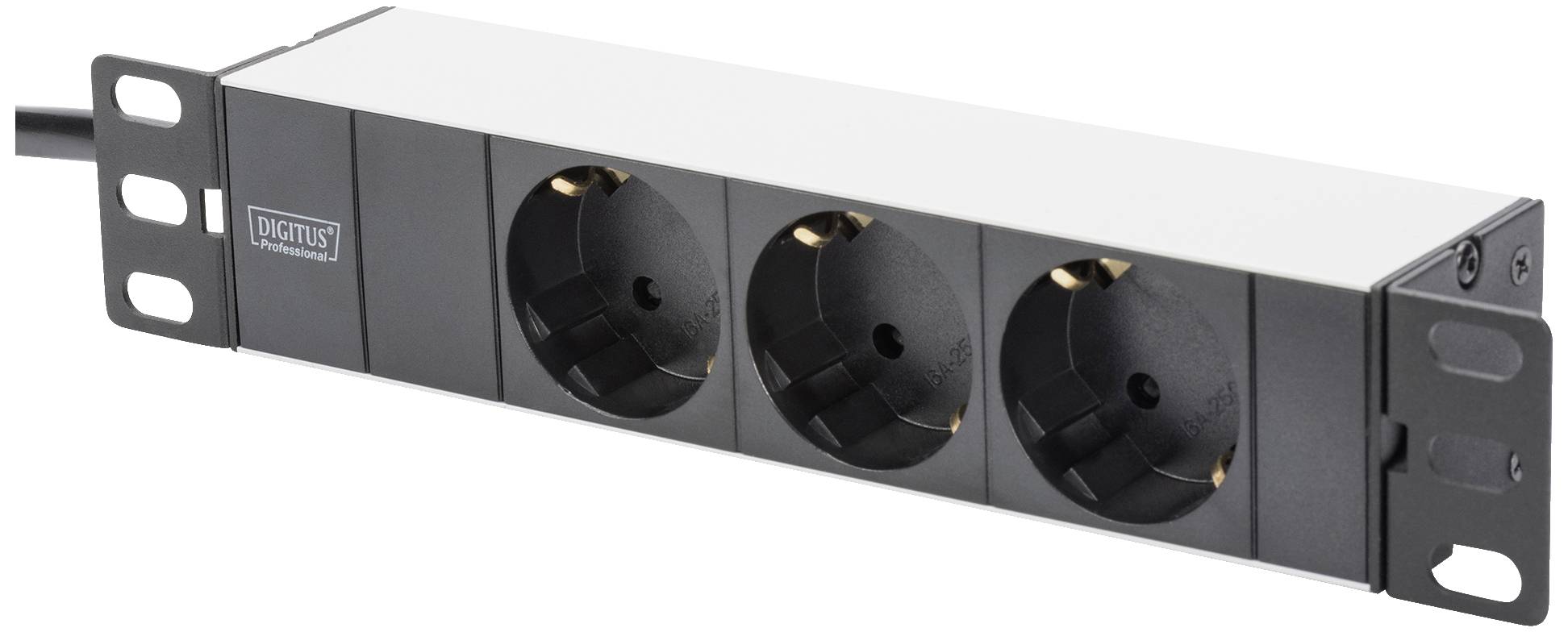 Three-way socket strip with black housing and side mounting tabs.