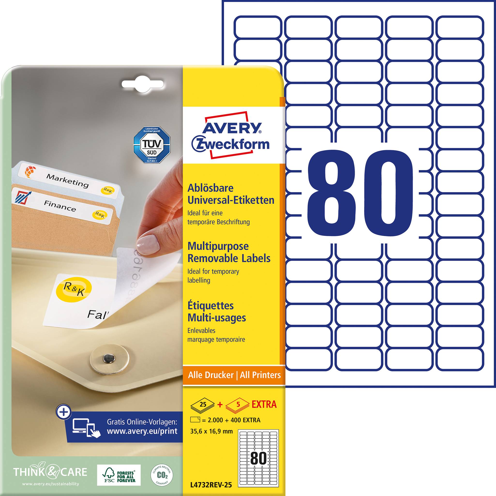 Packaging of Avery Zweckform multipurpose labels shown. Contains 80 removable universal labels, suitable for all printers.