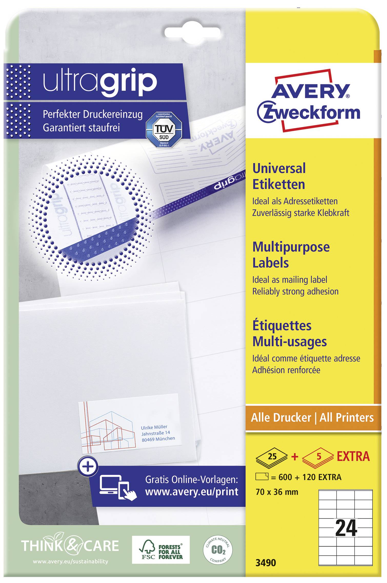 Avery Zweckform Universal Labels, 24 labels per sheet, 600 + 120 extra, 70 x 36 mm, ideal for all printers.