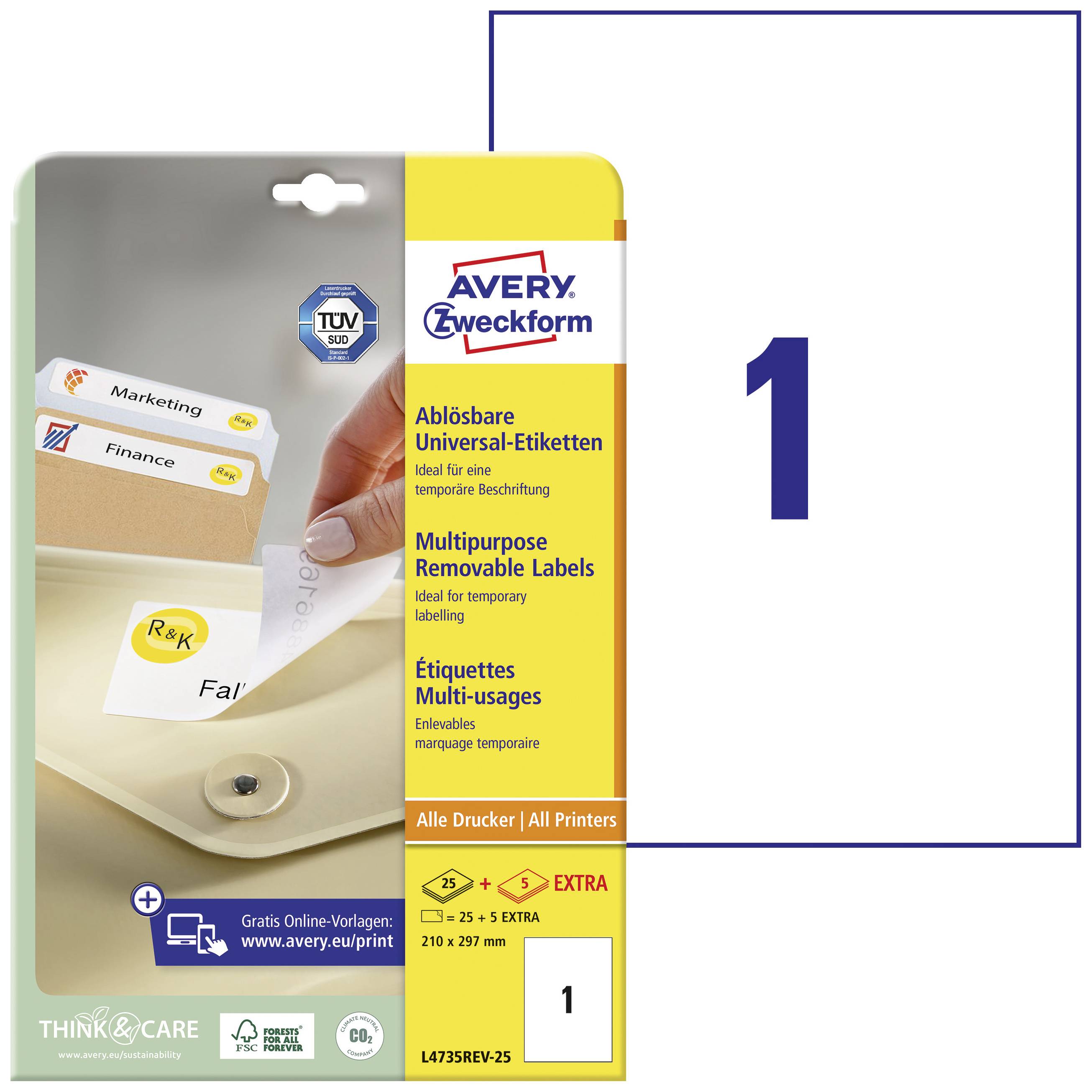 'Multipurpose Removable Labels', Avery Zweckform, removable labels for temporary labelling, compatible with all printers.