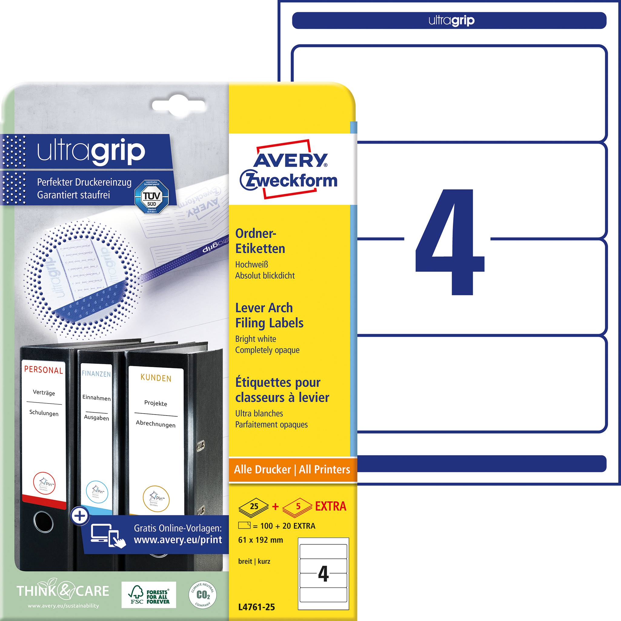 Avery Zweckform folder label stickers. Packaging shows four printed folder spines. Number 4 depicted on the label.