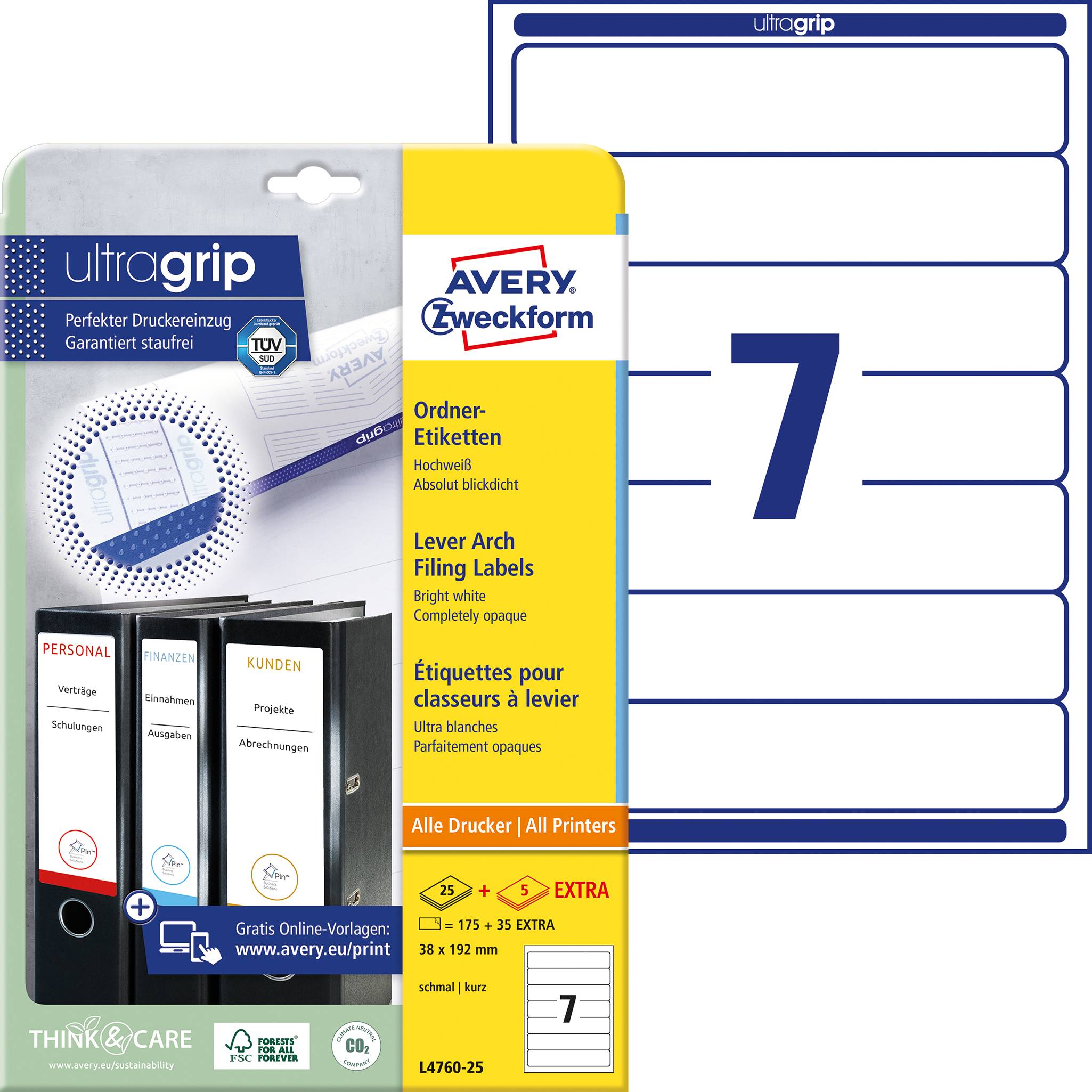 'Avery Zweckform' Lever Arch File Labels with 'ultragrip' design. Suitable for A4 printers, 40 x 175 mm labels. 25 sheets.