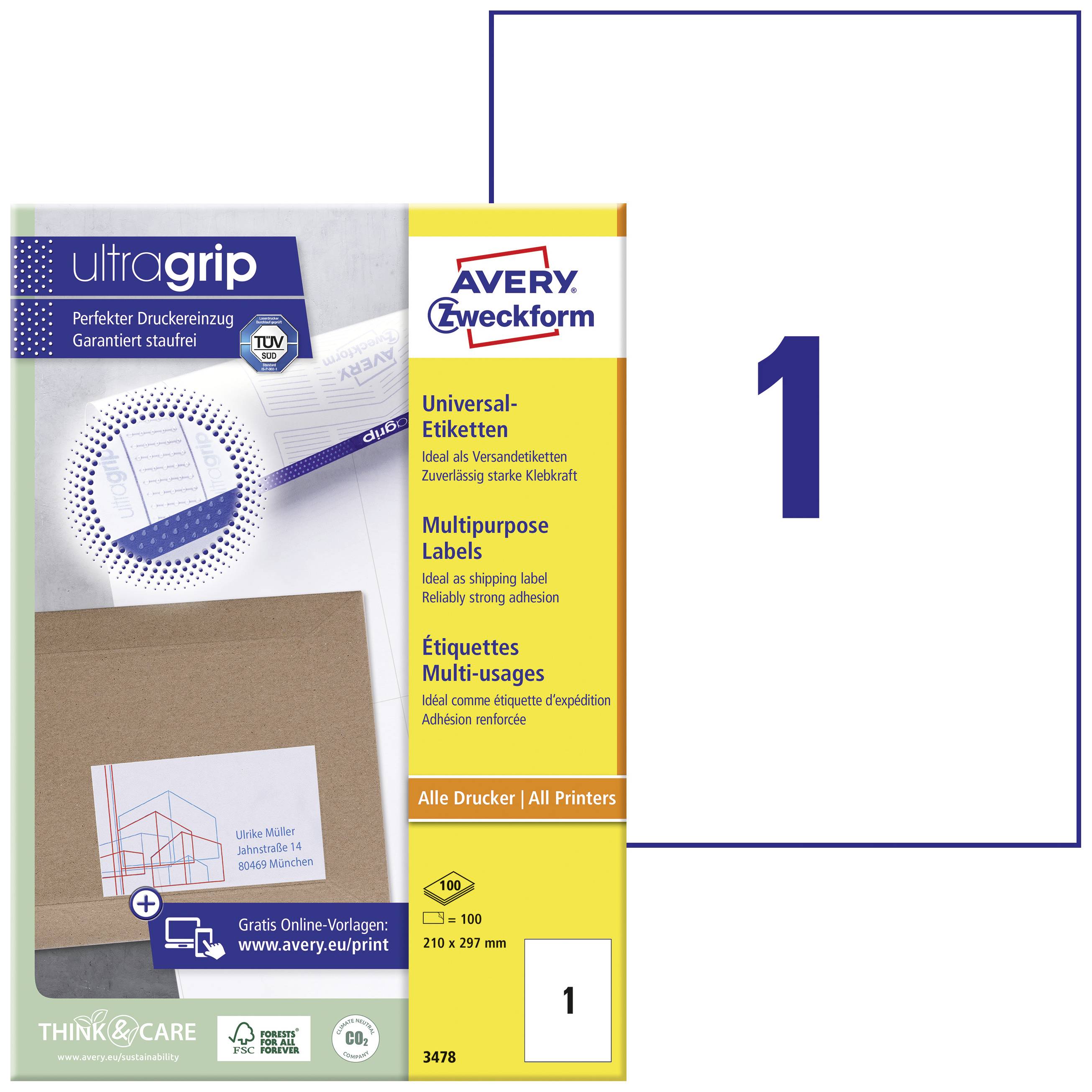 Avery Zweckform label packaging with the inscription 'ultragrip' and 'Universal Labels'. Contains 100 labels.