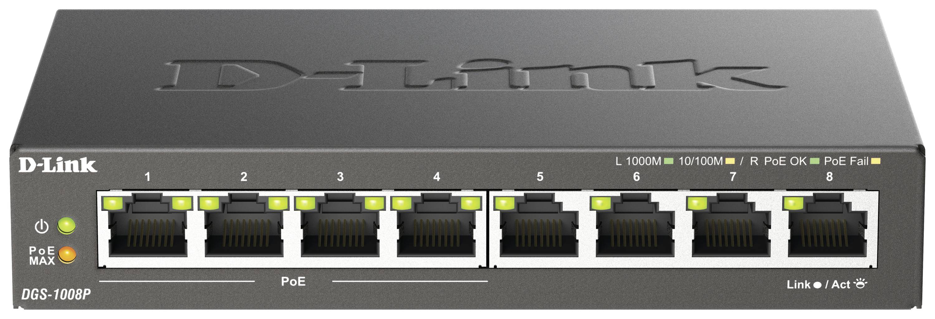 D-Link Network Switch with eight Ethernet ports, suitable for Power-over-Ethernet (PoE) applications.