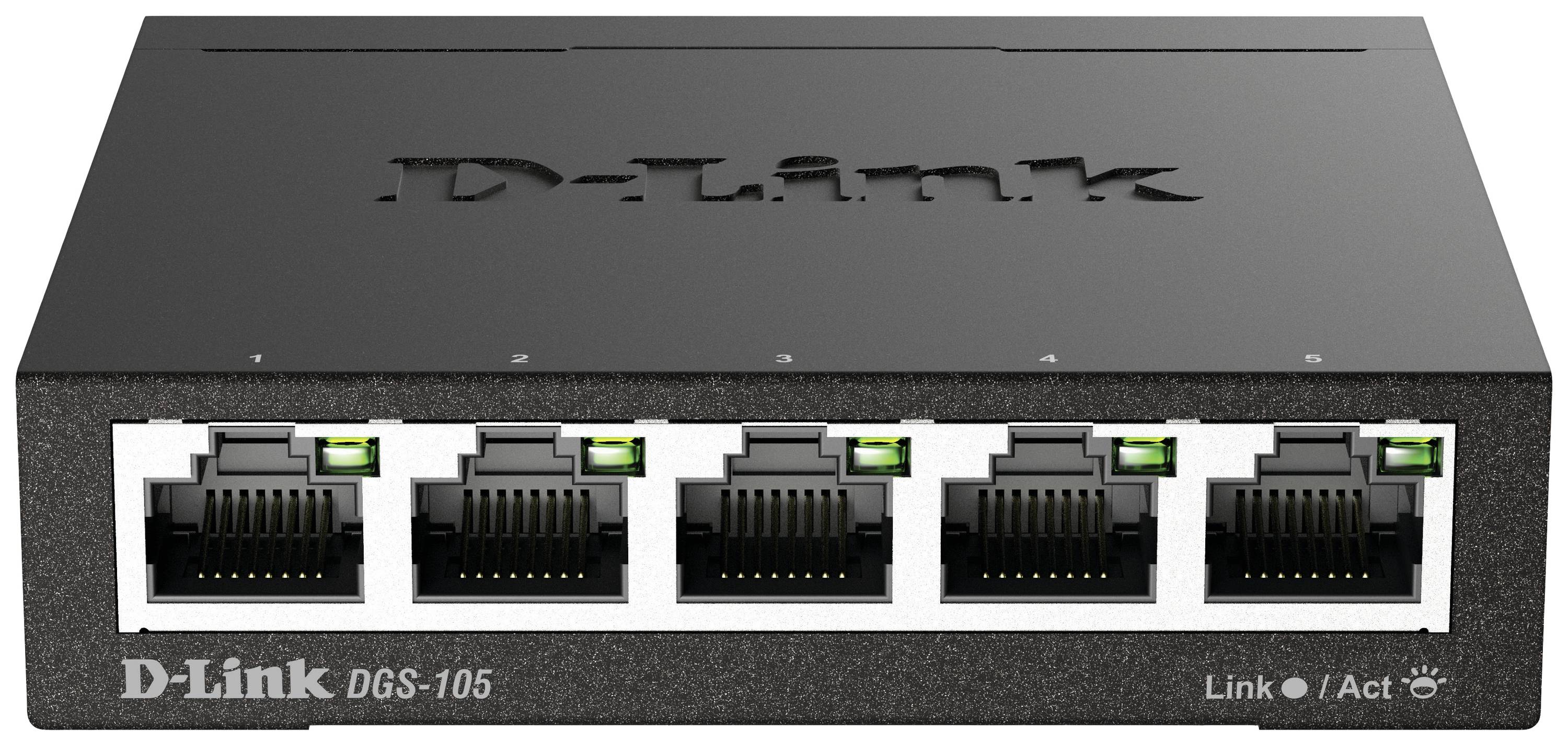D-Link DGS-105 network switch with five Ethernet ports, indicator lights and black casing.