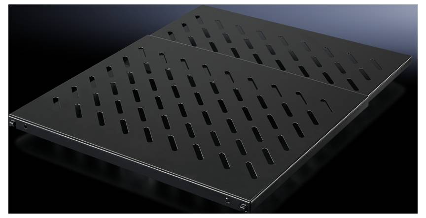 A black rack with diagonally arranged ventilation slots, suitable for installation in server or technical cabinets.