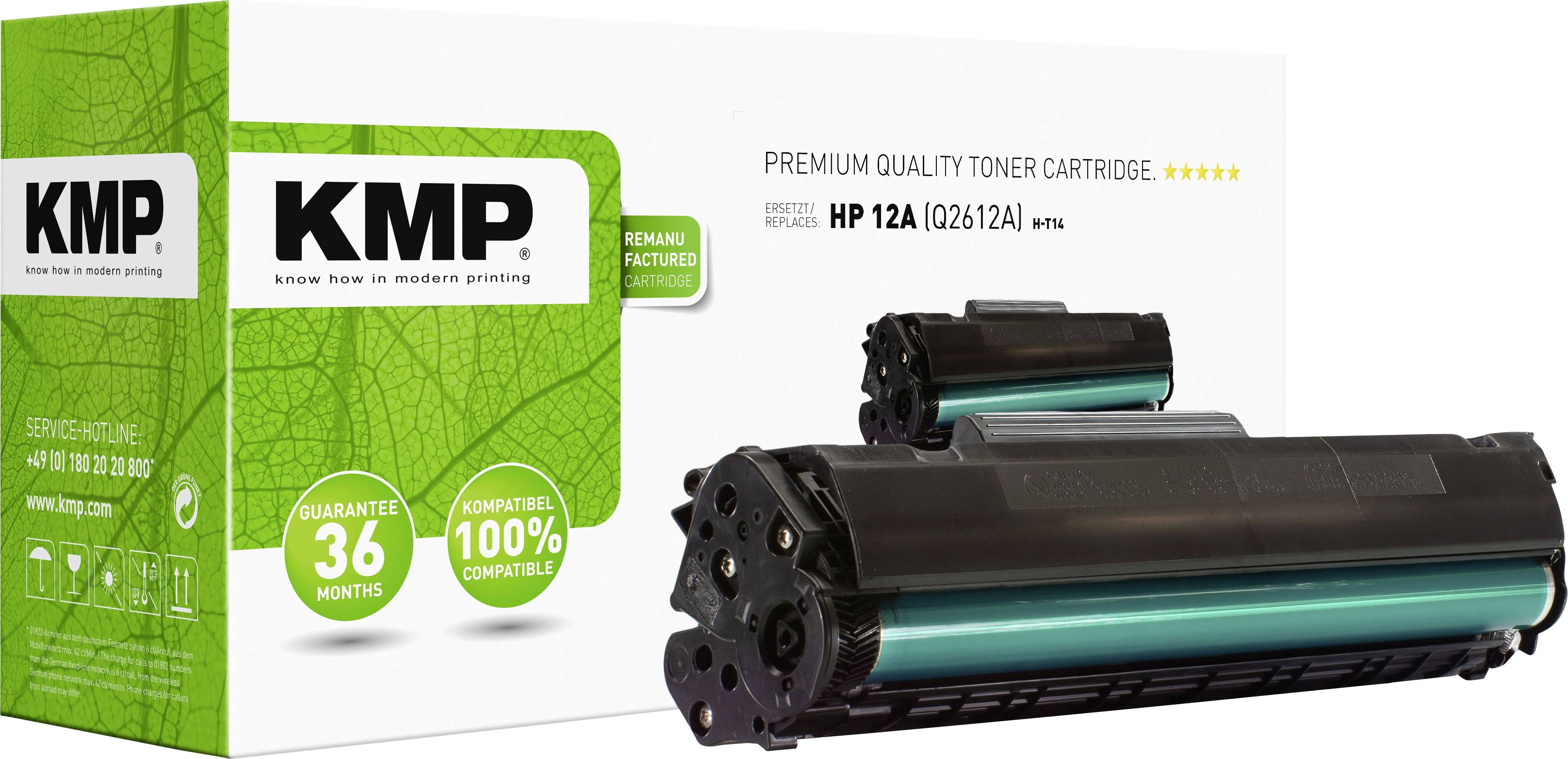 KMP toner cartridge for HP 12A printer, in original packaging with green design. 36 months' warranty, 100% compatible.