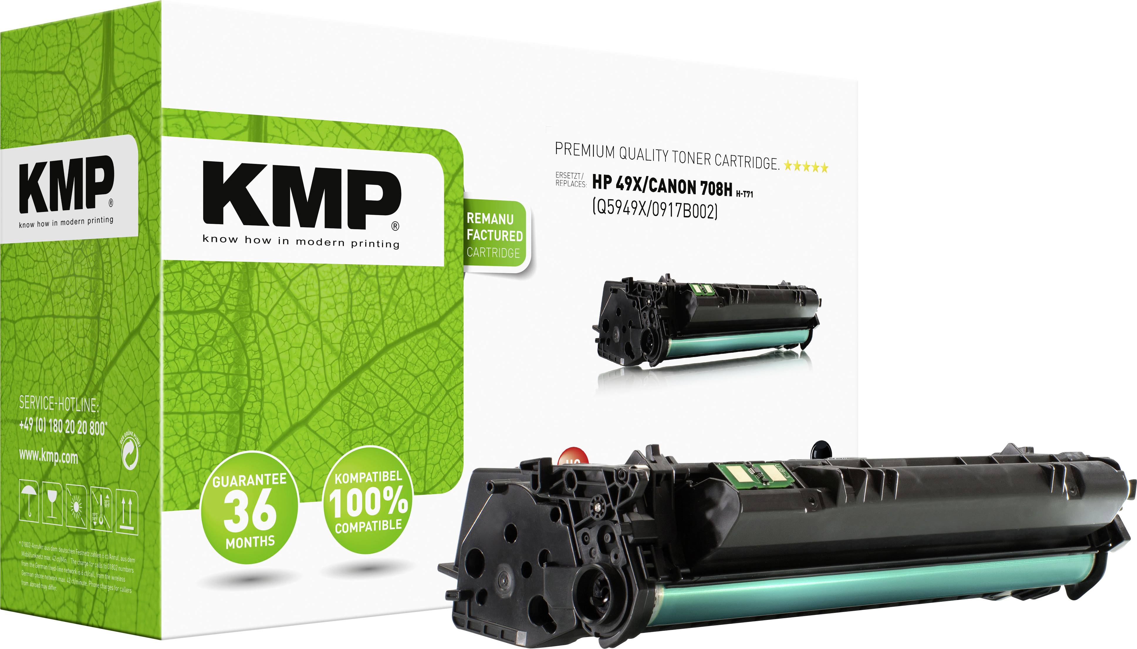 KMP toner cartridge, compatible with HP and Canon printers. Packaging displays product details and a 36-month guarantee.