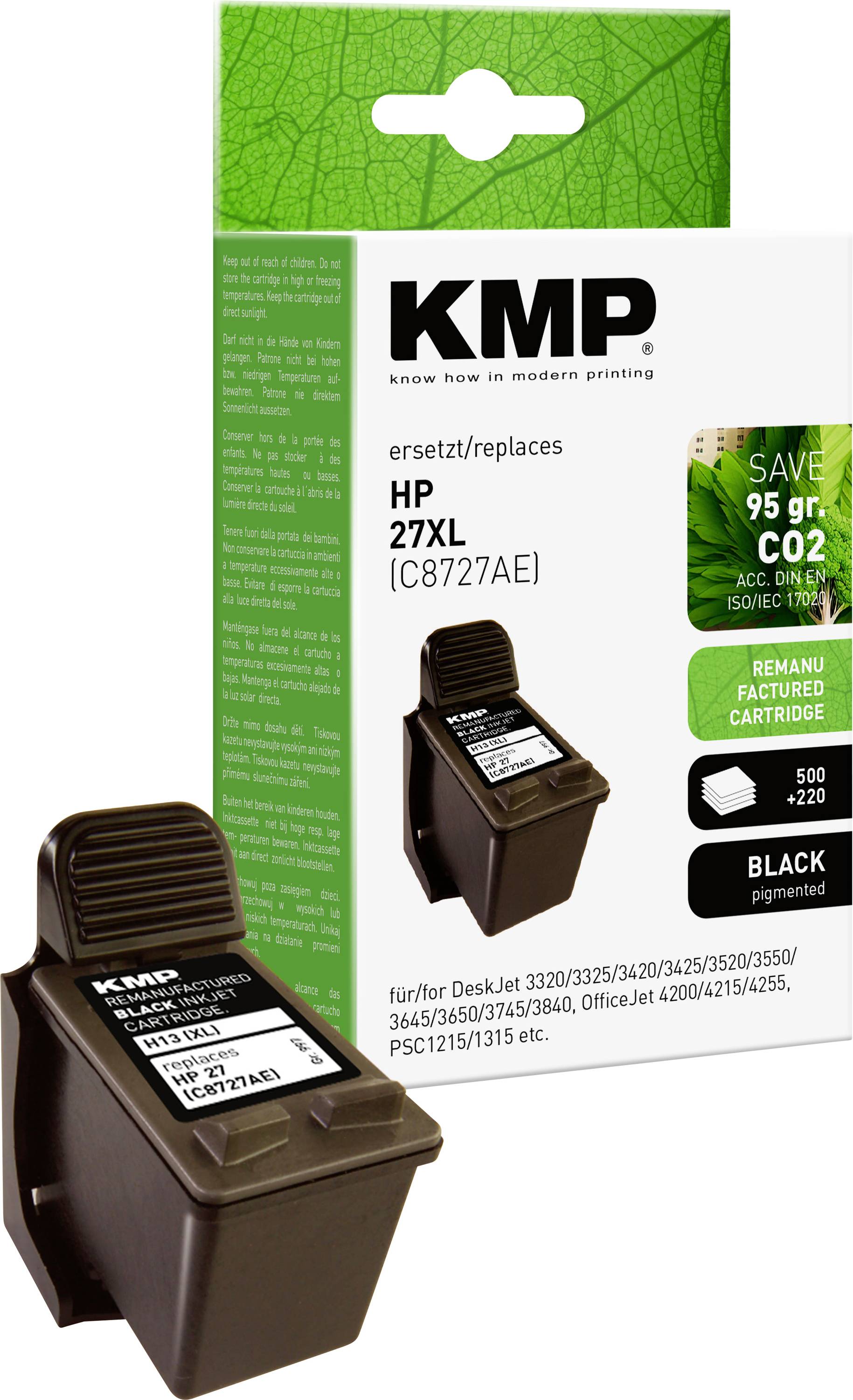 Printer cartridge KMP 27XL in black for HP printers. Packaging shows product image and inscription 'replaces HP 27XL (C8727AE)'.