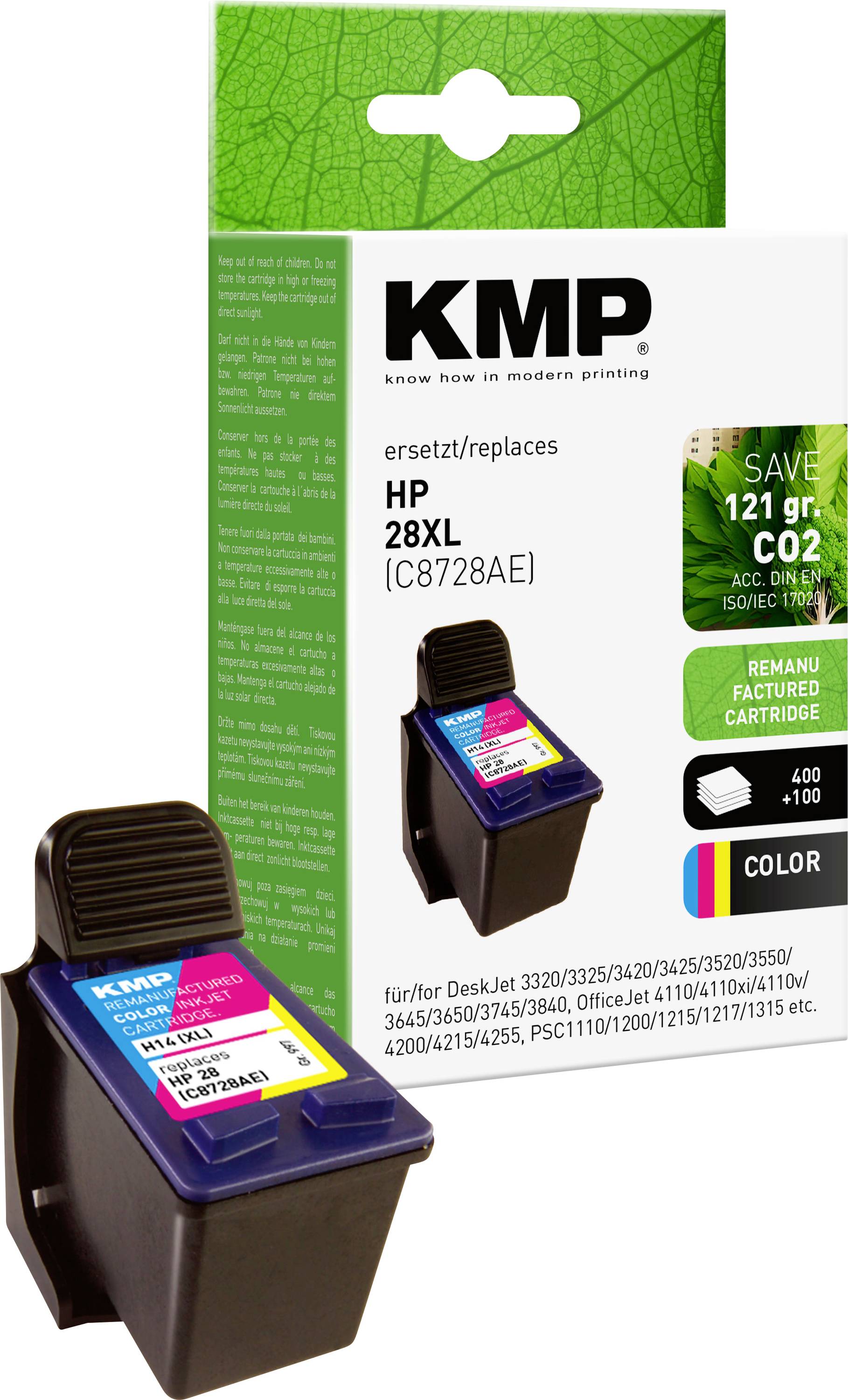KMP Ink Cartridge for HP 28XL. Packaging shows product image and promises up to 121 g CO2 savings. Suitable for various Deskjet models.