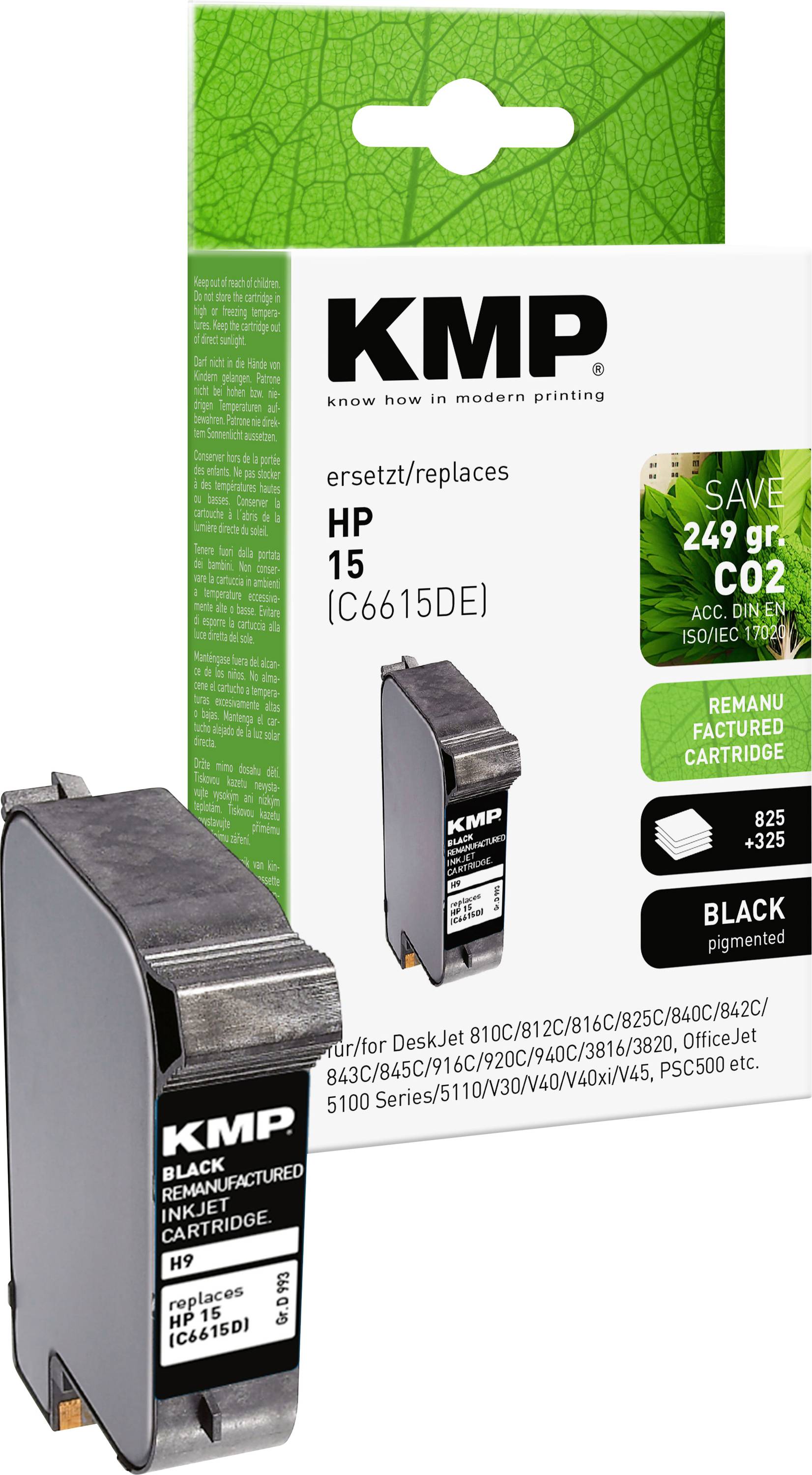 KMP ink cartridge, replacing HP 15, black ink, suitable for various printers, environmentally friendly packaging, CO2 reduction.