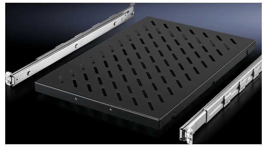 Black, perforated shelf board with two silver, telescopic rails on a black background. Designed for rack mounting.