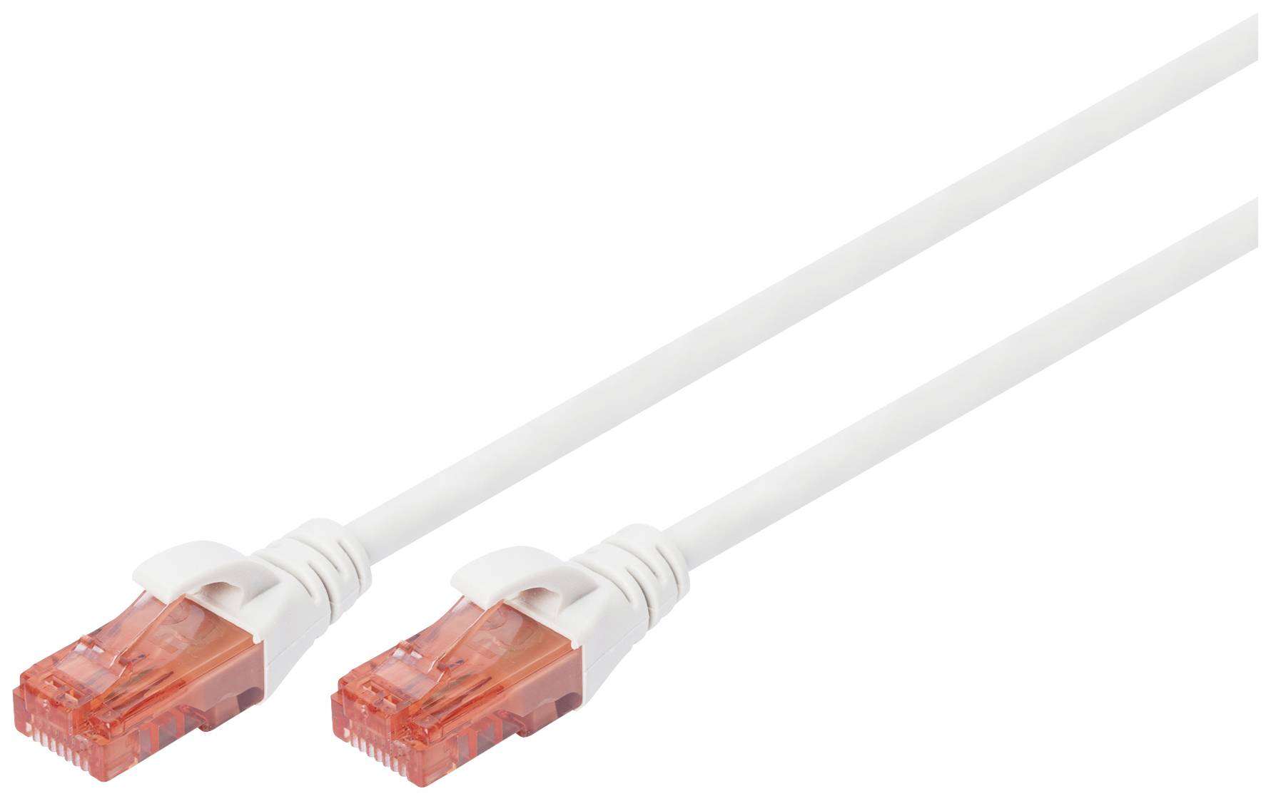 A white Ethernet cable with red RJ-45 connectors at both ends lies against a white background.