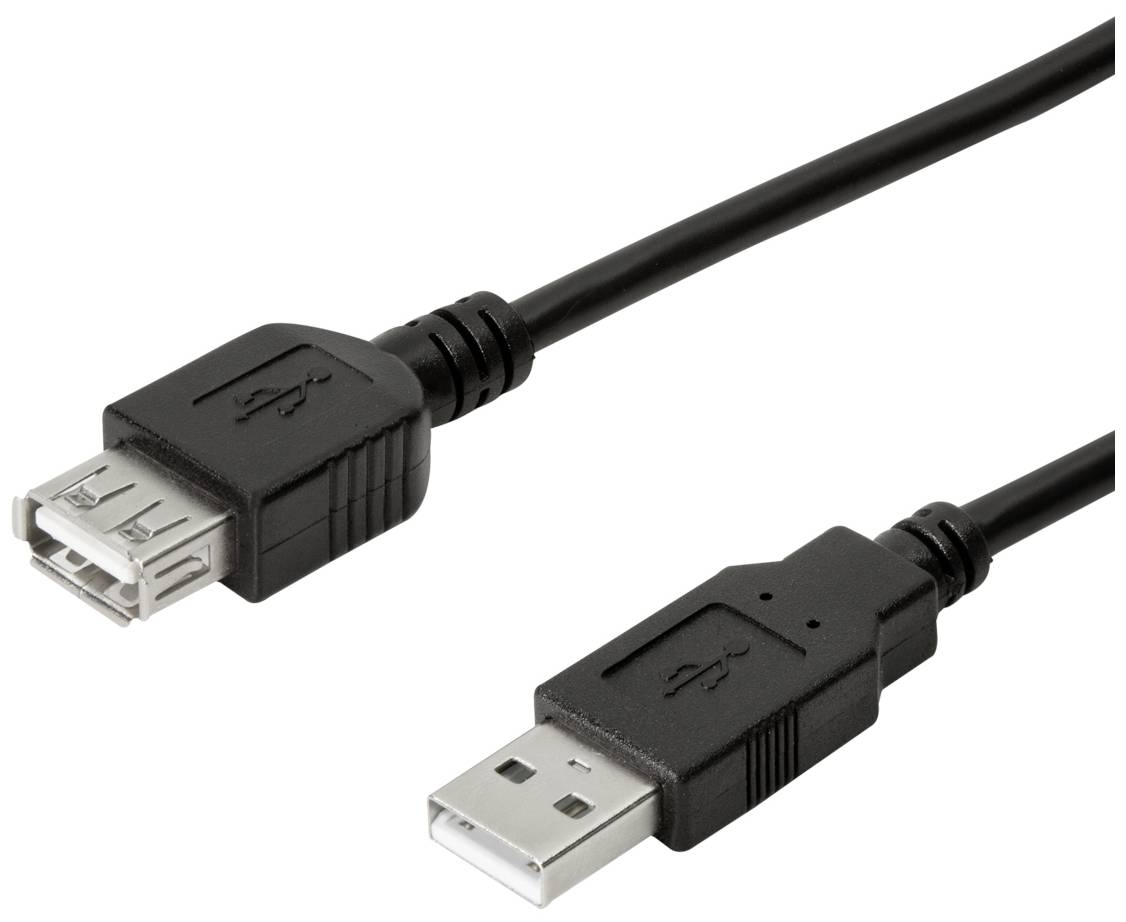 A USB extension cable with a male and a female connector, which serves to extend the reach of a USB device.