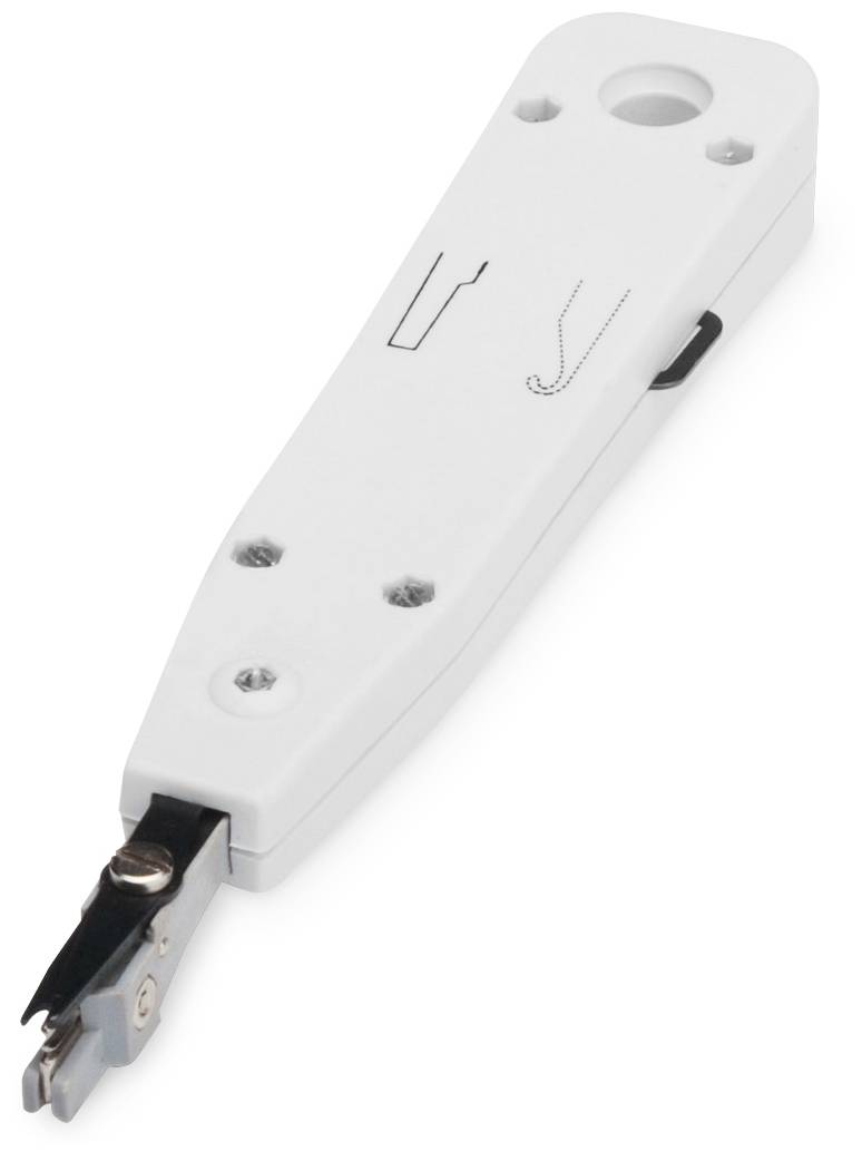 A white network punch-down tool with a metallic tip for inserting cables into telephone plugs or network sockets.