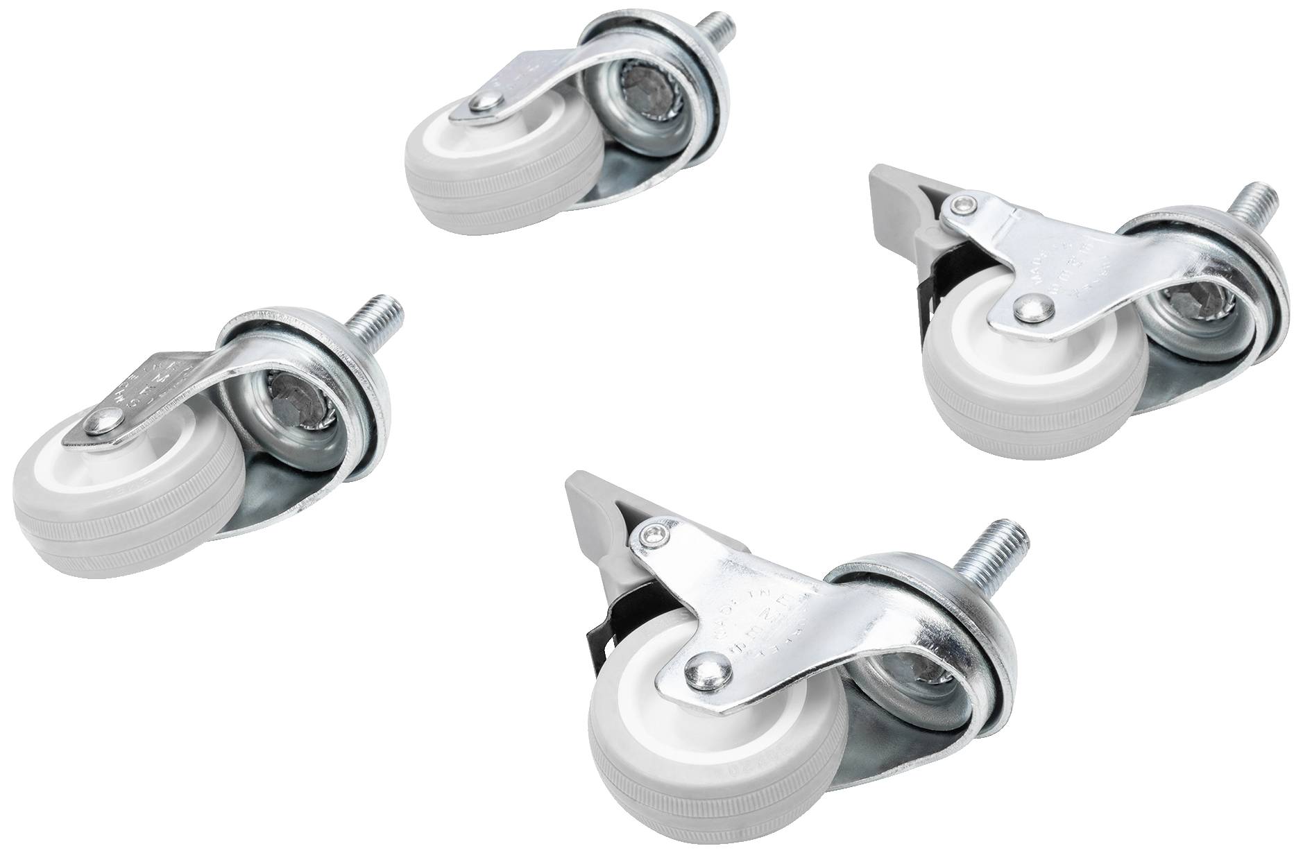 Four white castor wheels with metal mountings and threaded bolts, arranged in different orientations, on a white background.