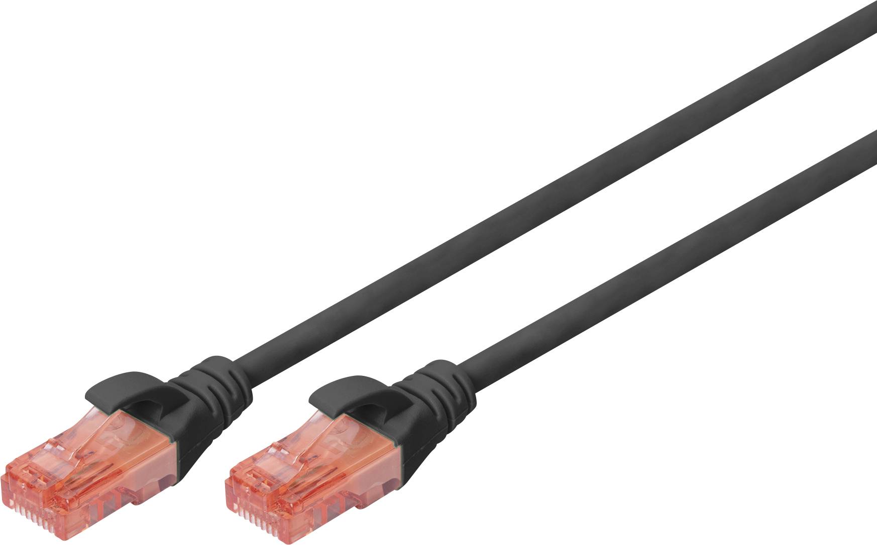 A black Ethernet cable with red connectors, used for network connections.