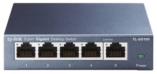 A 5-port Gigabit desktop switch by TP-Link, model TL-SG105, with five Ethernet ports and a power LED indicator.