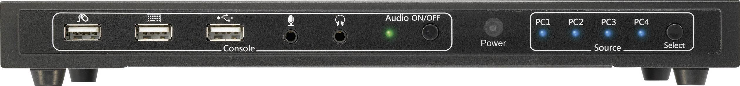 A KVM switch with USB ports, audio ports, and LED indicators for power supply, source, and PC status.