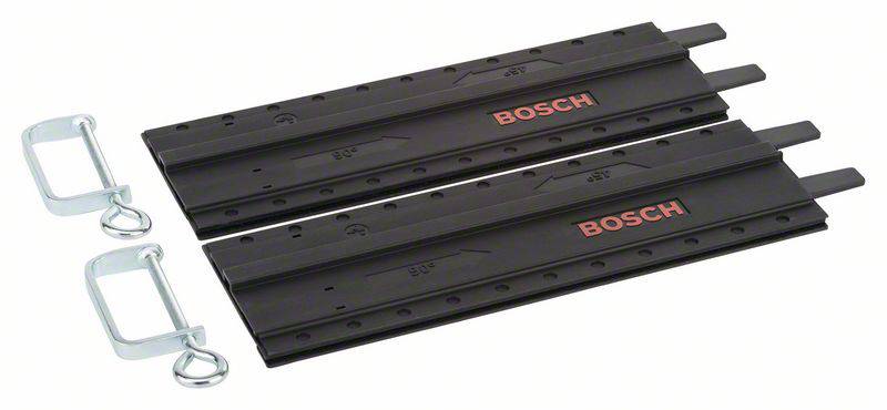 Two black Bosch guide rails with red logos, lying parallel next to each other. Two clamps to the left of them.