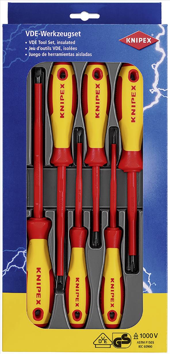 'VDE Tool Set' with six insulated screwdrivers in one package. Suitable for work up to 1000V, GS-tested.