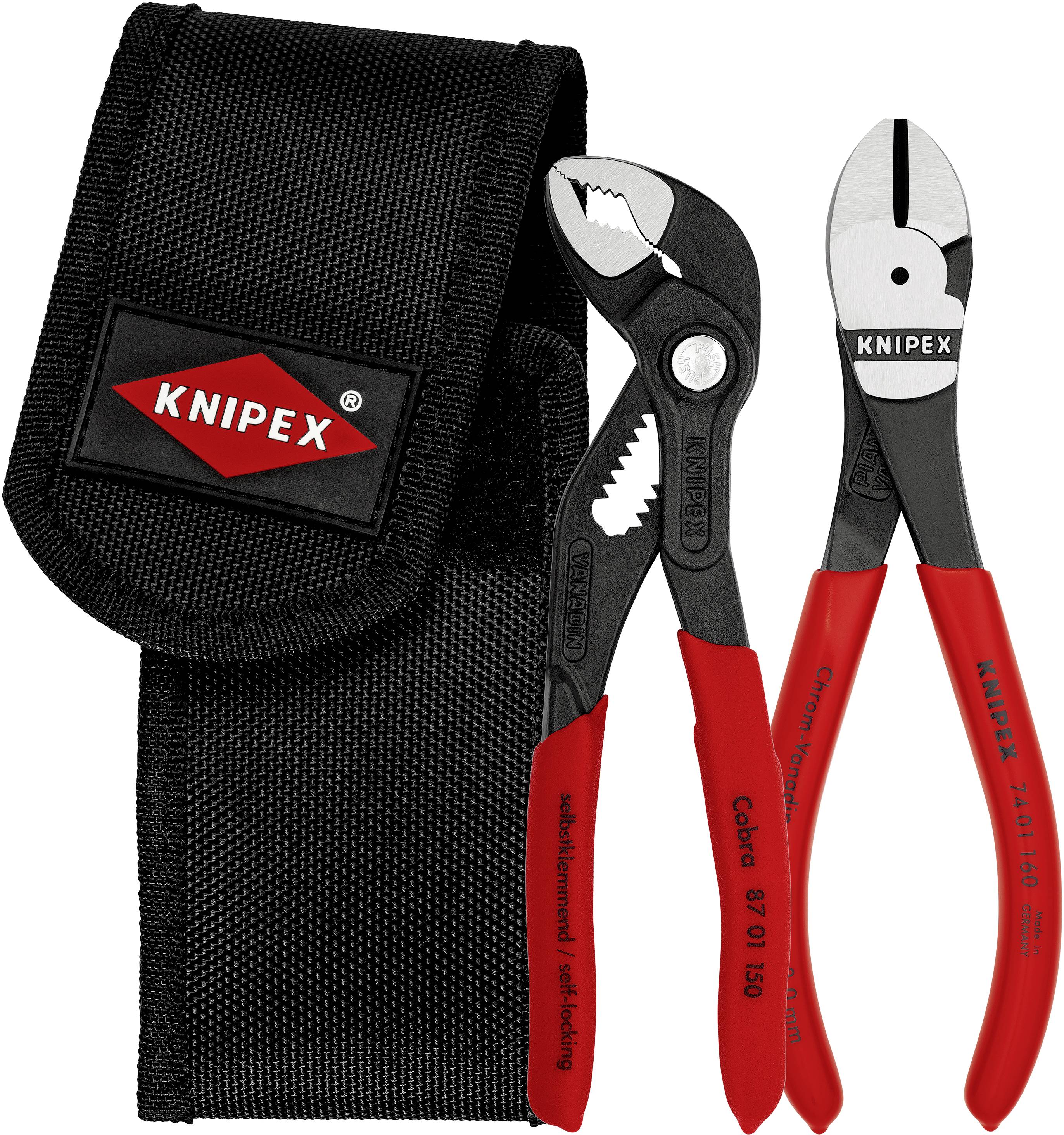 Two Knipex pliers with red handles, a water pump pliers and a side cutter, next to a black carry bag with the Knipex logo.