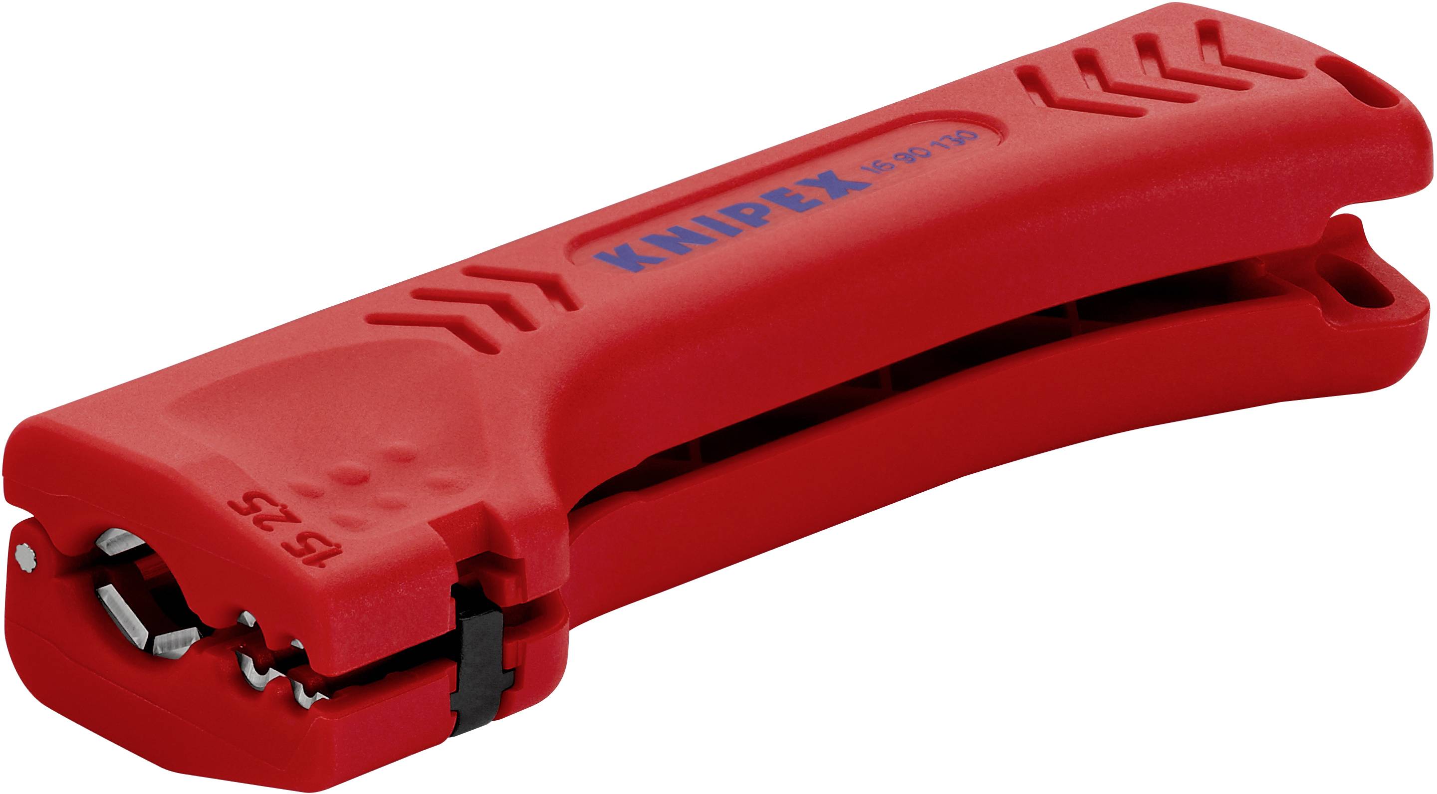 Red wire stripping tool by Knipex; ergonomically shaped, for removing cable insulation for electrical work.