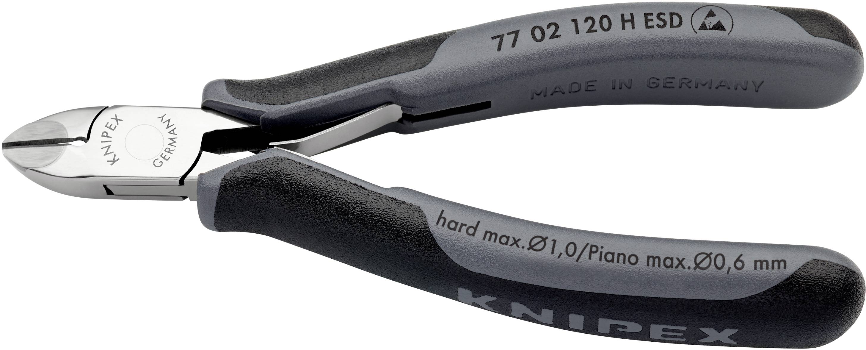 Side cutters with a black handle, inscribed with 'Knipex Germany'. Suitable for cutting hard wires up to 0.6 mm. Manufactured in Germany.