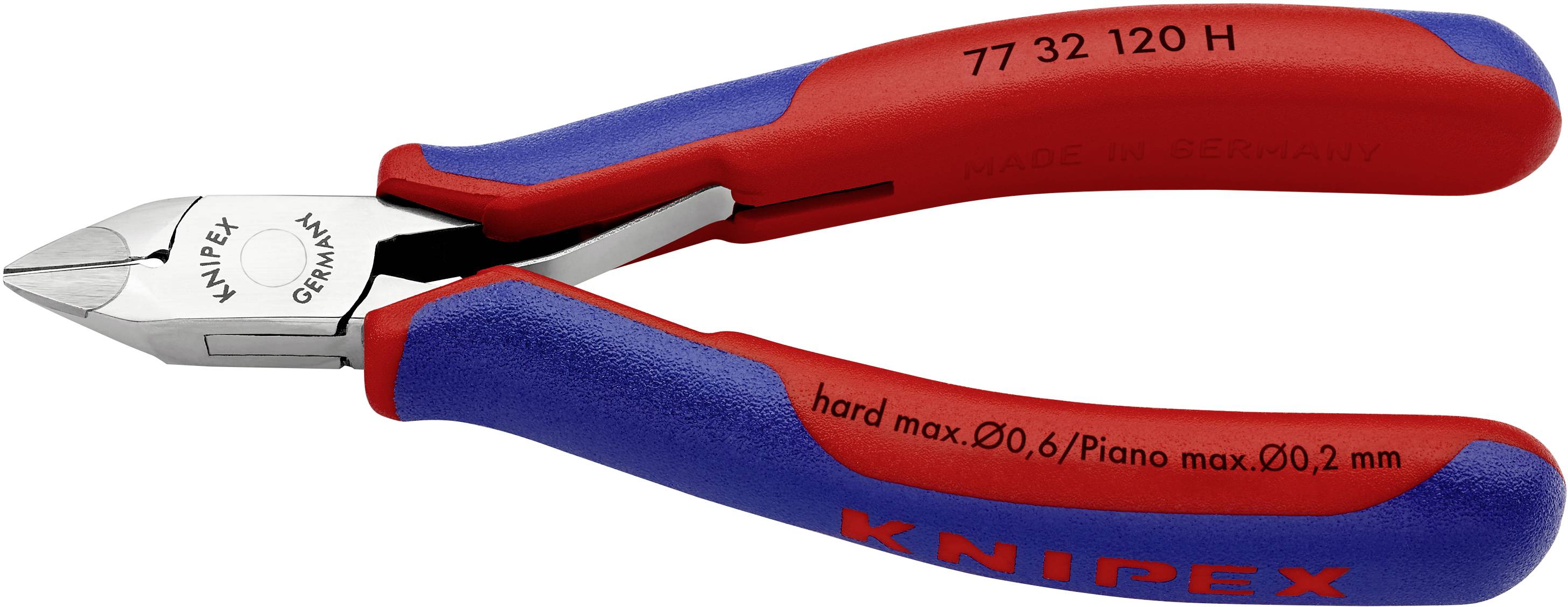 A red and blue Knipex side-cutting pliers, suitable for hard wires up to 0.6 mm and piano wire up to 0.2 mm.
