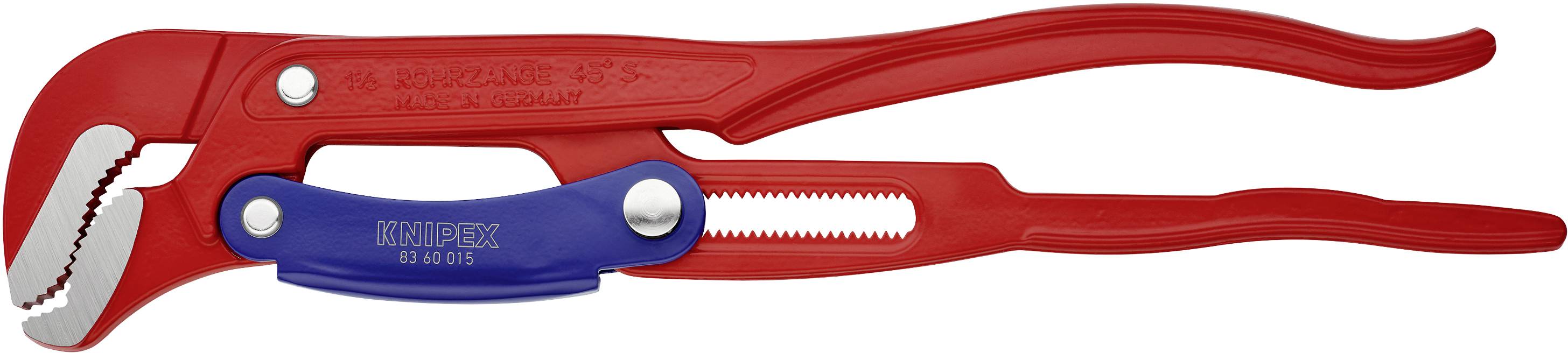 Red pipe wrench with blue details, suitable for gripping and turning pipes of various sizes.