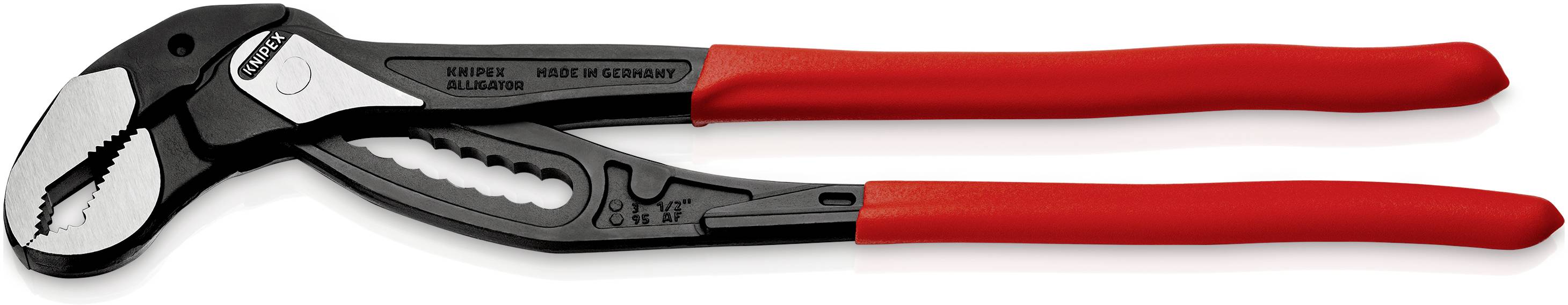 A red-handled water pump pliers lies flat. It is manufactured from metal and is used for gripping pipework or screws.
