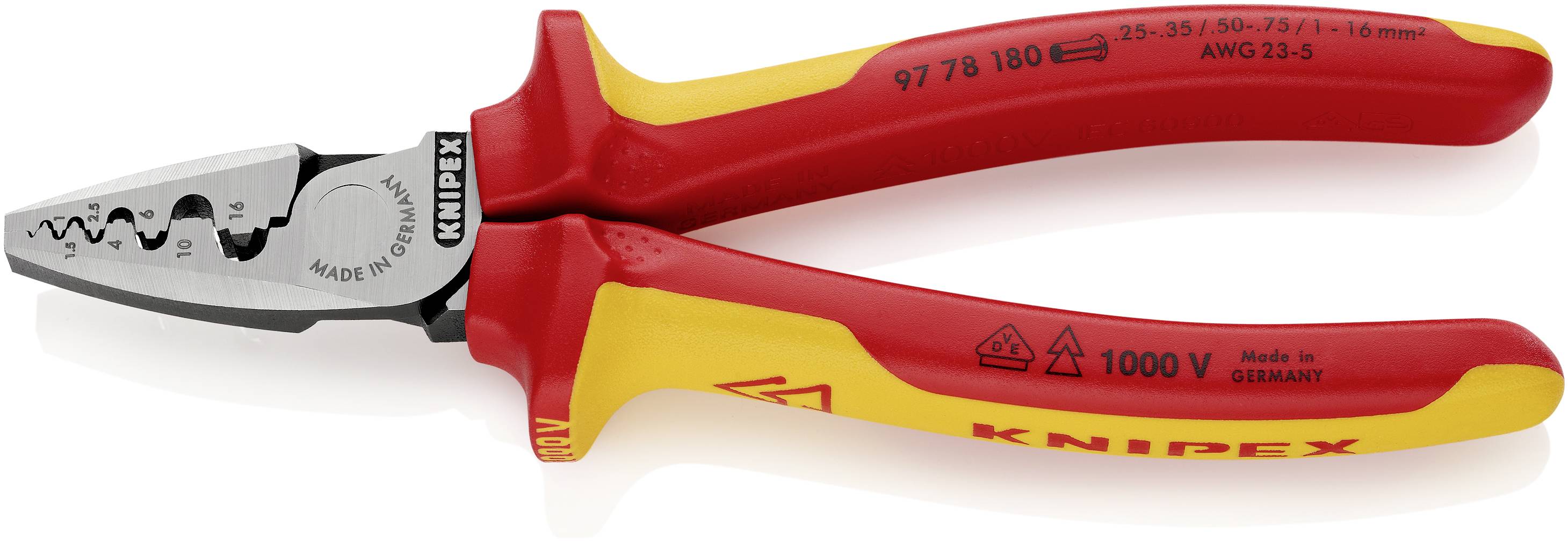Insulated red and yellow combination pliers with markings on the handles, suitable for work on electrical installations up to 1000 V.