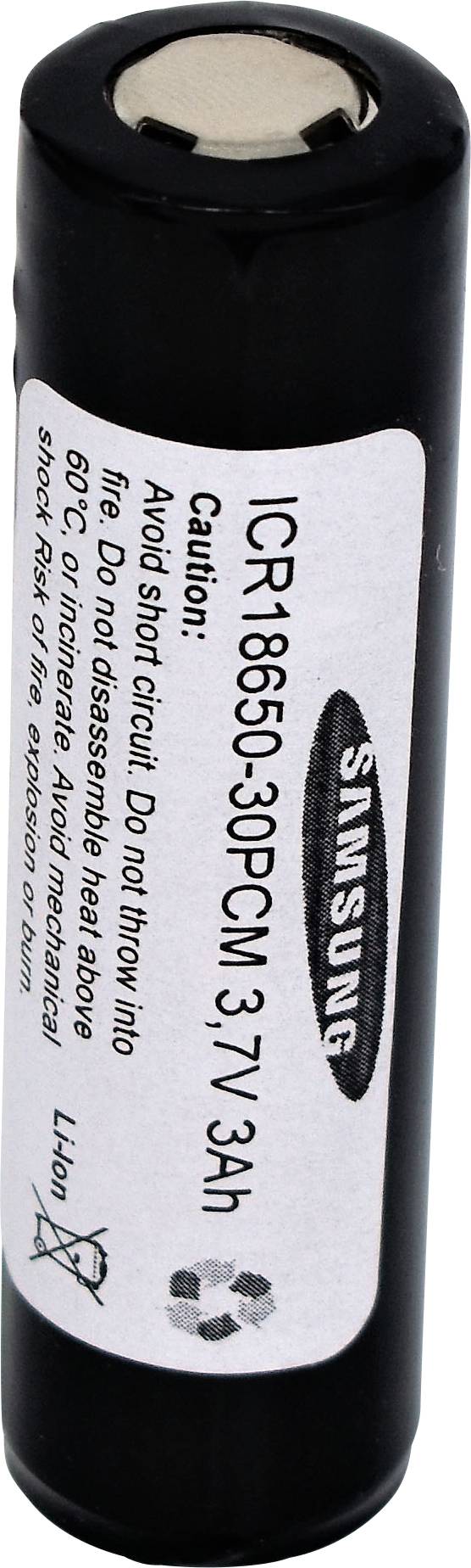 A cylindrical, rechargeable battery by Samsung with the marking 'ICR18650-30DPCM, 3.7V 3Ah'.