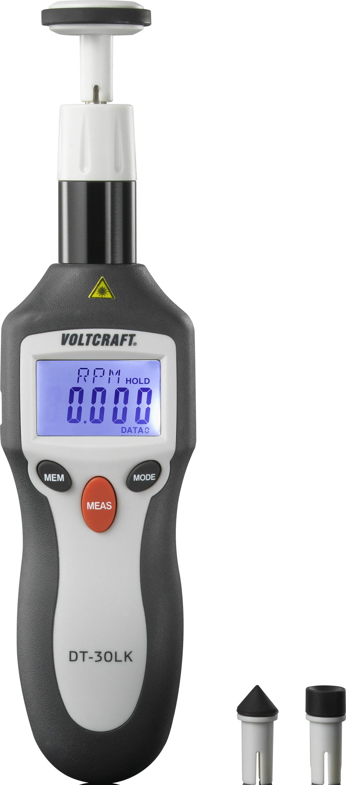A digital tachometer with display for revolutions per minute (RPM), Model DT-30LK by Voltcraft, with two interchangeable heads.