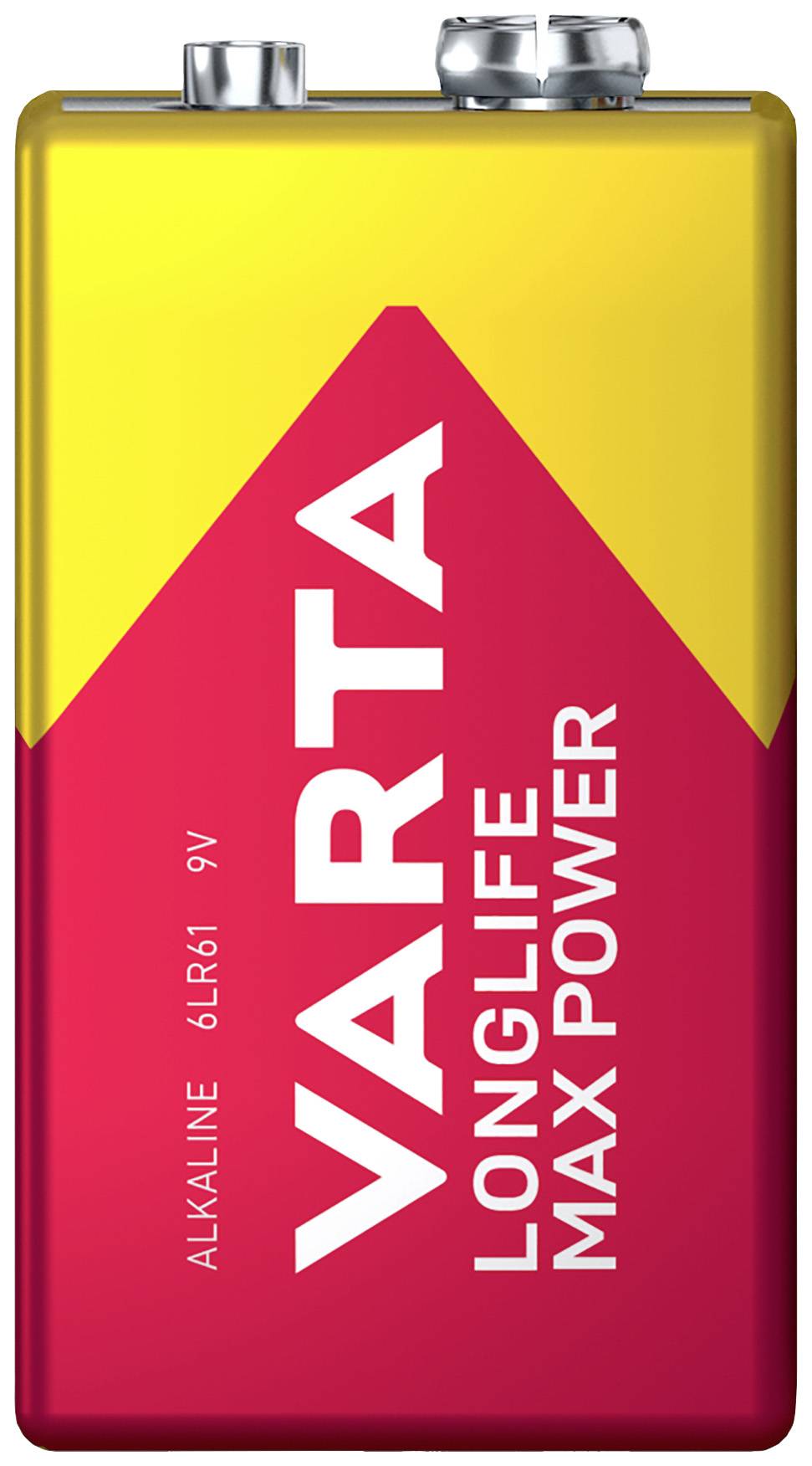 A VARTA battery, type 6LR61 9V, with a yellow and red design and the inscription 'LONG LIFE MAX POWER'.