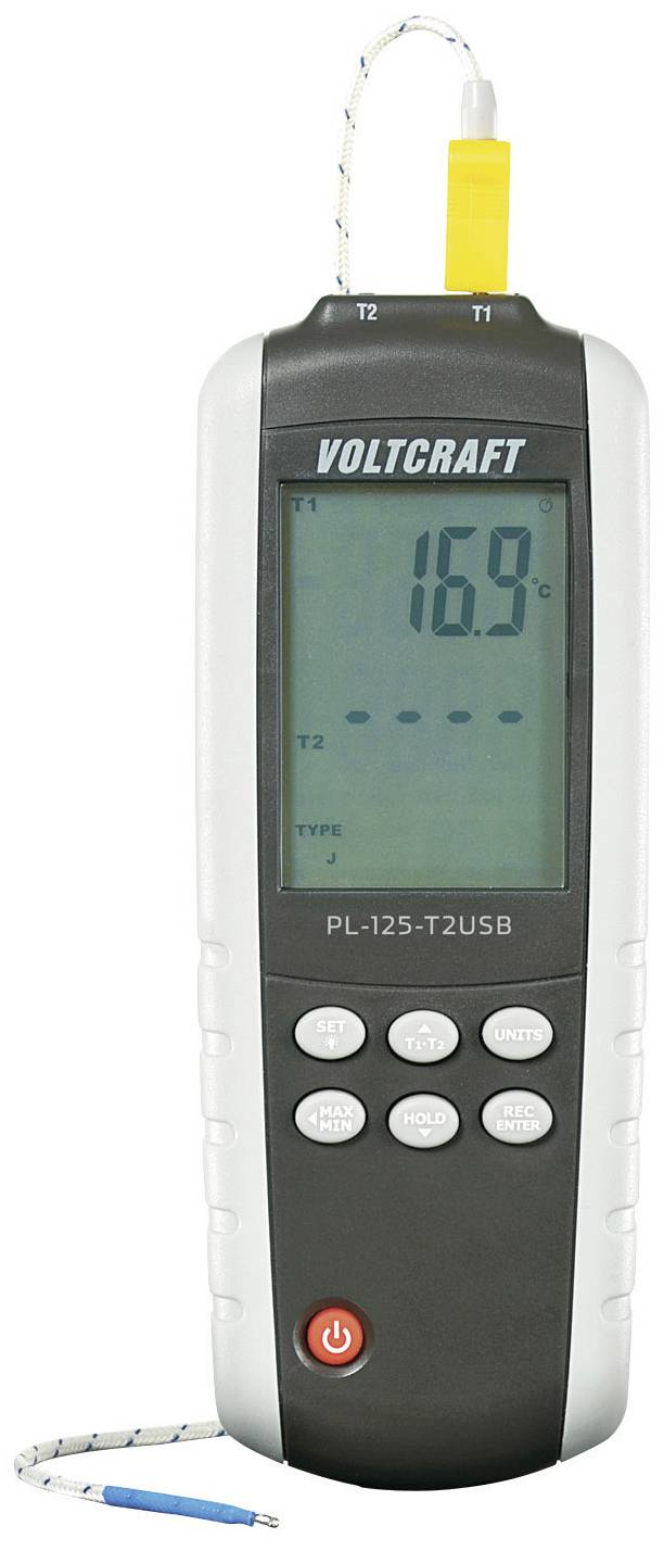 Digital thermometer with a large display showing '16.9°C'. Several buttons below. Cable with measuring probe connected at the top.
