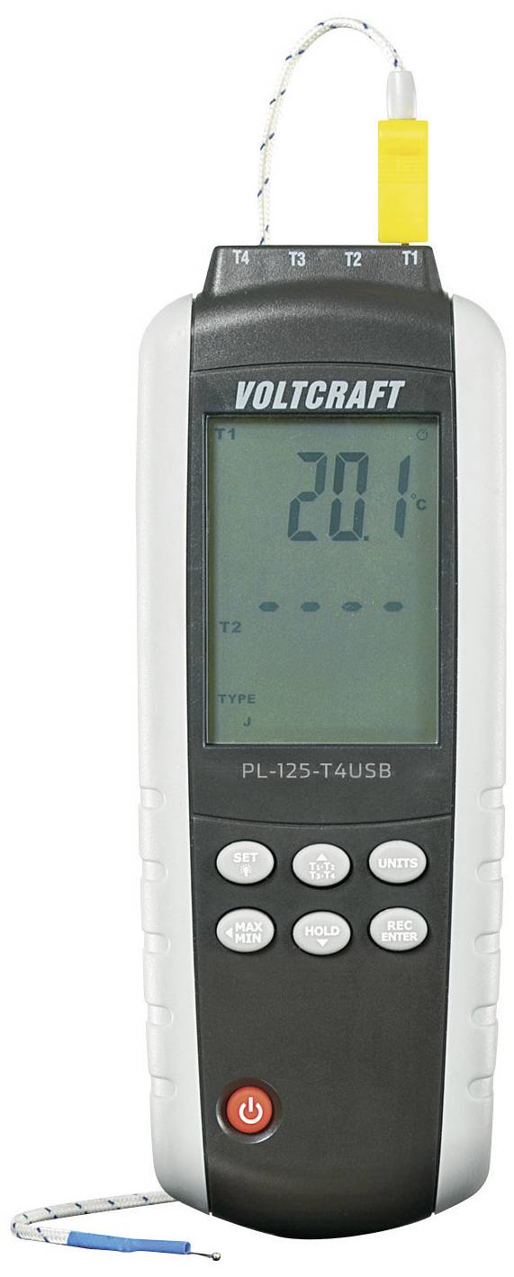 A digital thermometer shows a temperature of 20.1 degrees Celsius. It has several function buttons and an attached cable.