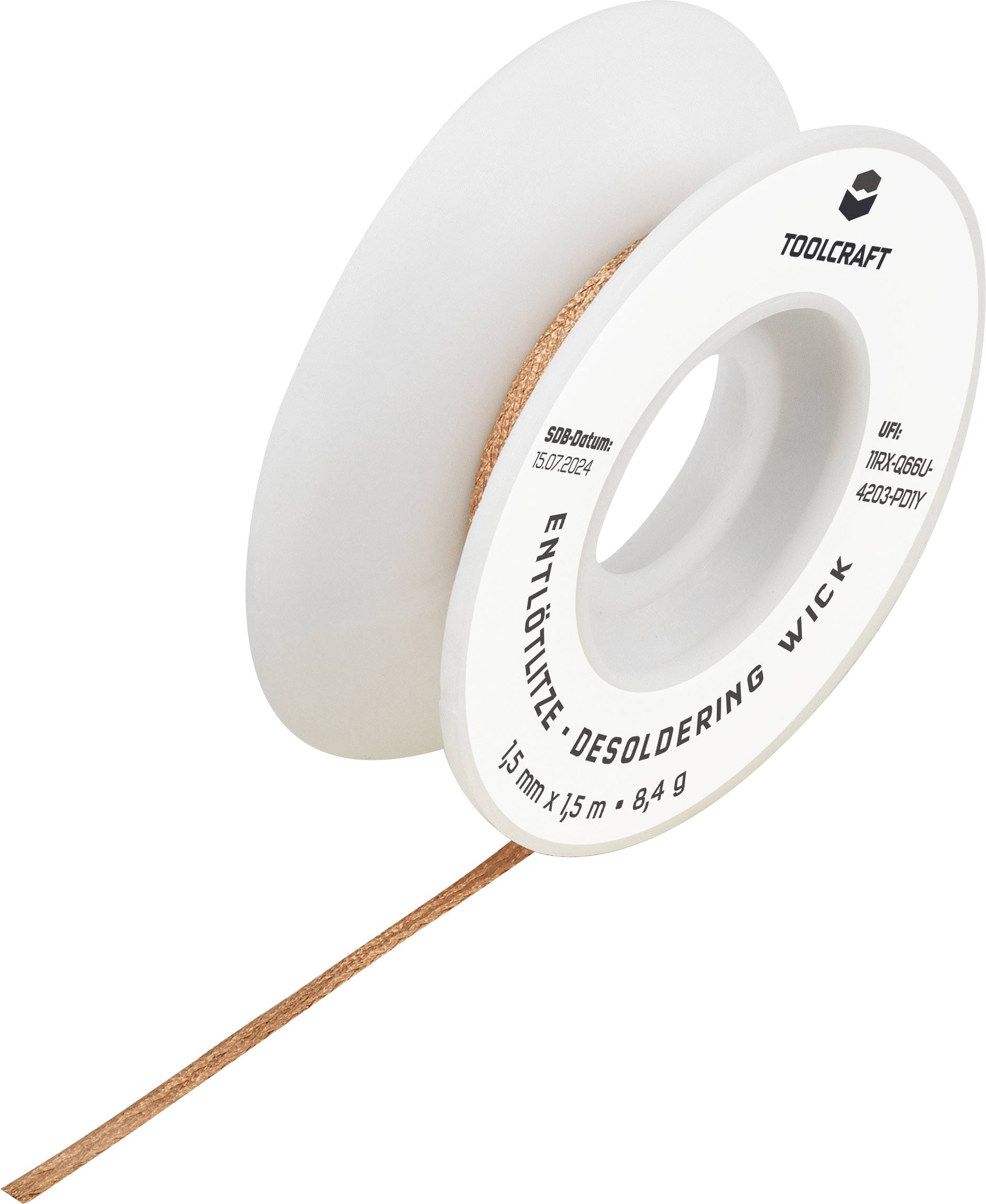 Desoldering braid from Toolcraft, wound on a reel, with the label 'Desoldering Braid/Desoldering Wick'.
