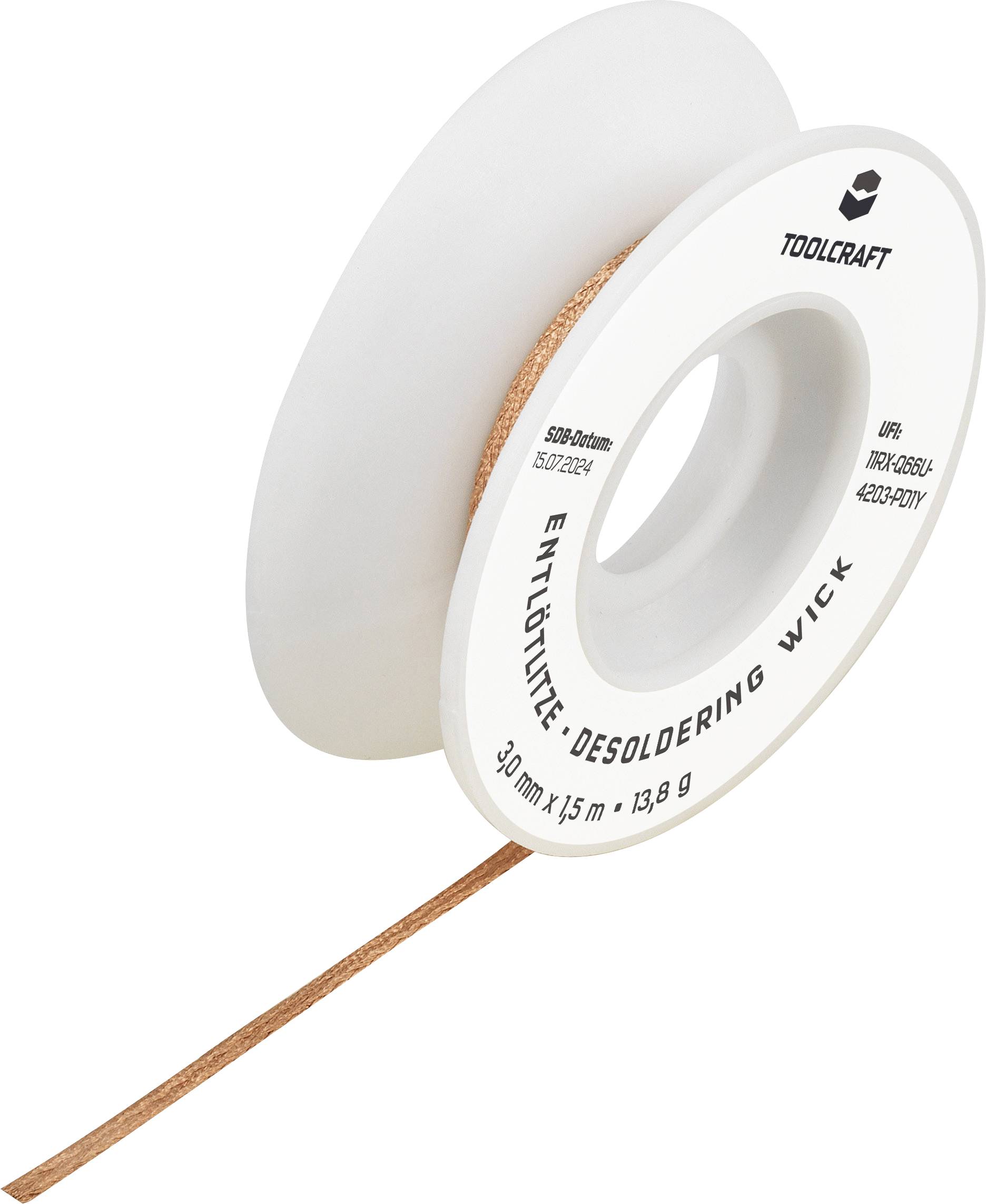 Desoldering Braid on a Reel, Brand TOOLCRAFT, 30 m Length, 1.5 mm Width, Weight 13.8 g. Cable leads from the edge of the reel.