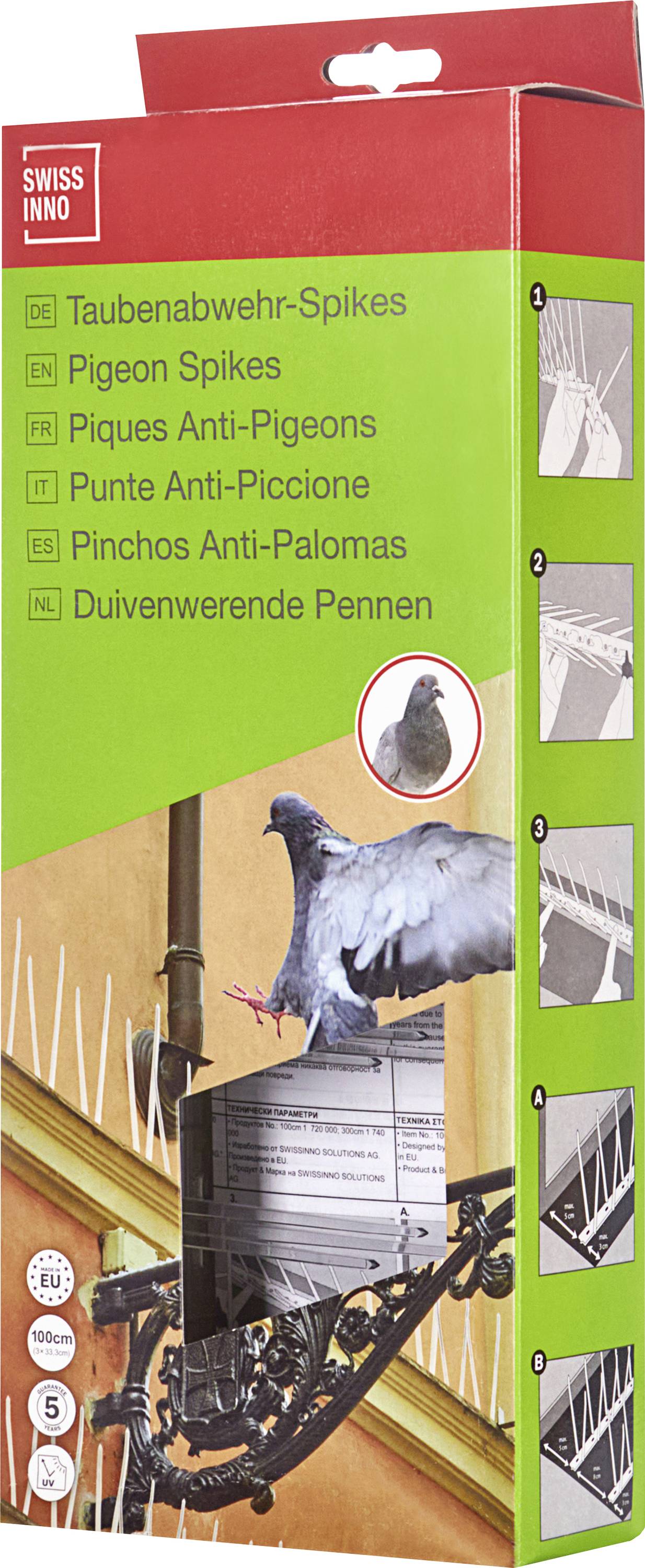 'Pigeon Spikes' box showing multipurpose spikes installation to deter pigeons. Features images of spikes setup and a pigeon in flight.