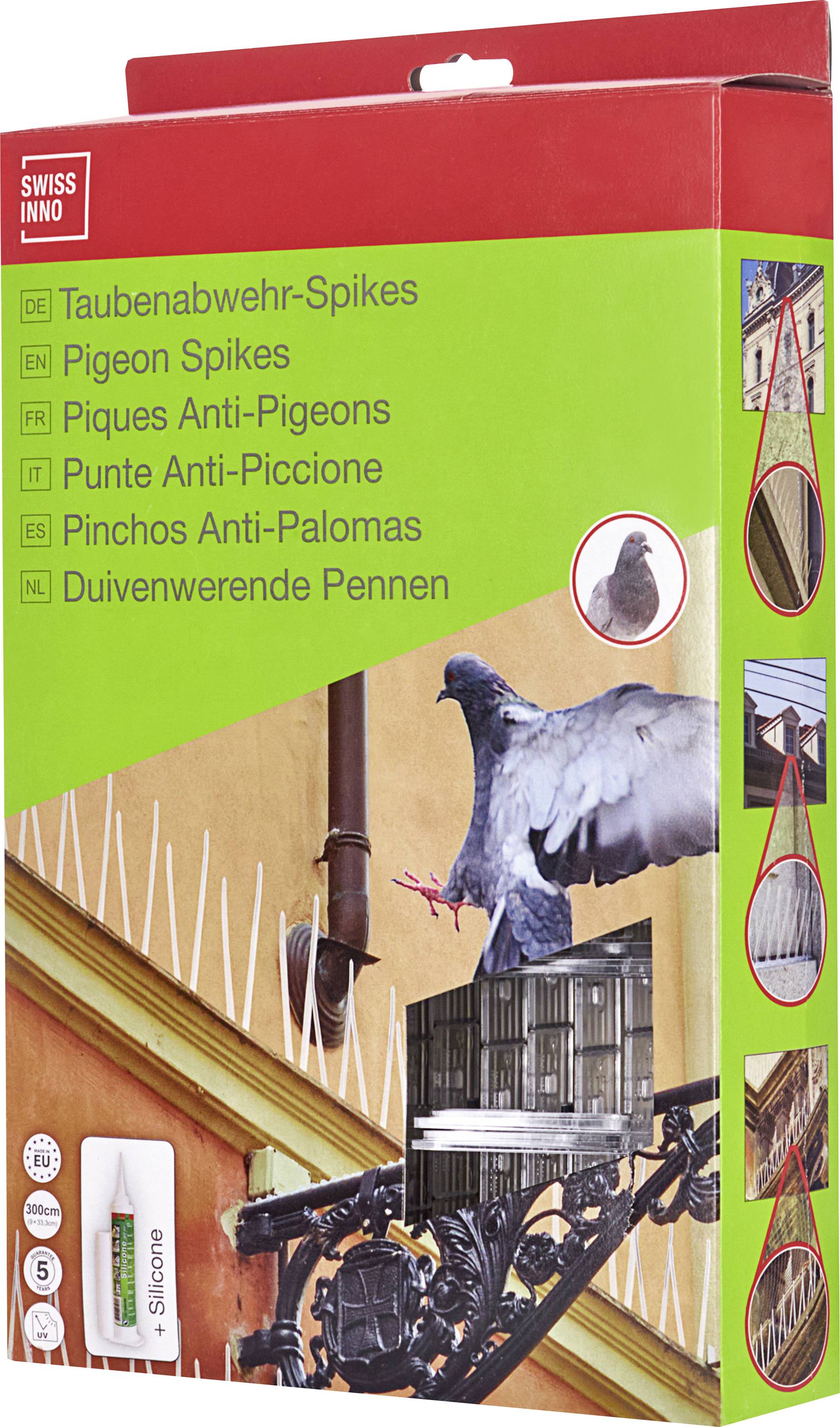 'Swiss INNO Pigeon Spikes' packaging showing pigeon deterrent installation, multilingual text, and small anti-pigeon spike images.