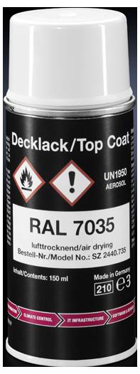 Spray can with white lid, label: 'Top Coat', 'RAL 7035', 'air-drying', 150 ml. Warning symbols for flammability and caution.