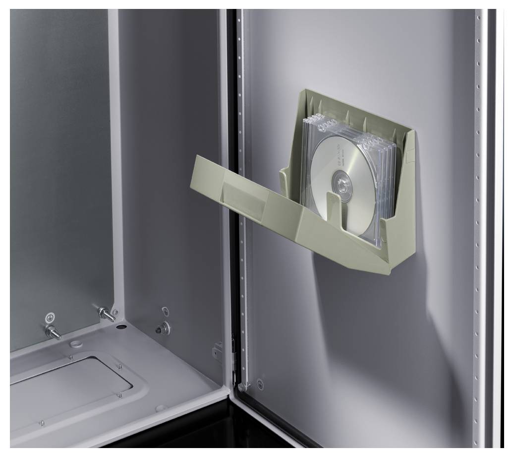 In an open metal cabinet, there is a vertically mounted holder with inserted CDs.