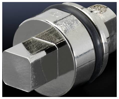 Metallic adapter with a square head, shiny surface, and black rubber ring for sealing purposes, set against a black background.