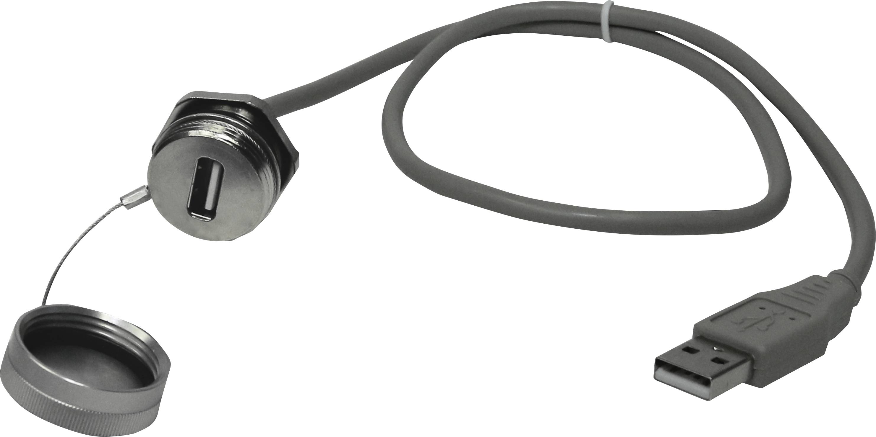 A grey USB cable with a connection socket, secured by a metal cap, likely for use in industrial environments.