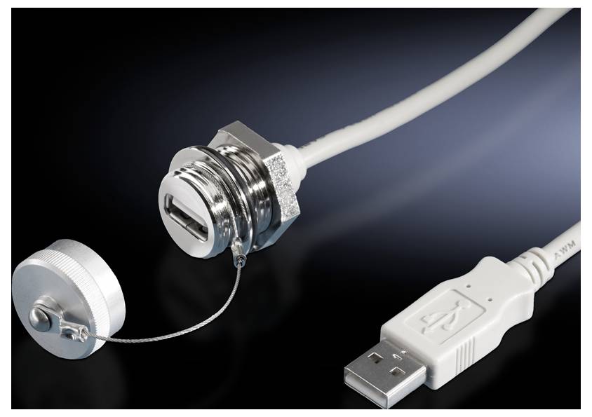 A USB plug and socket with a cover, connected by a white cable, on a black background.