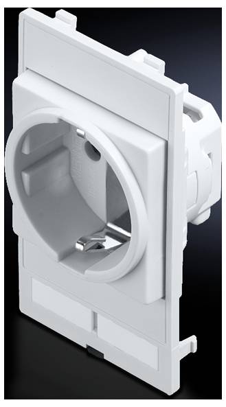 White electrical socket in a plastic frame, suitable for wall mounting. Side perspective, dark background.