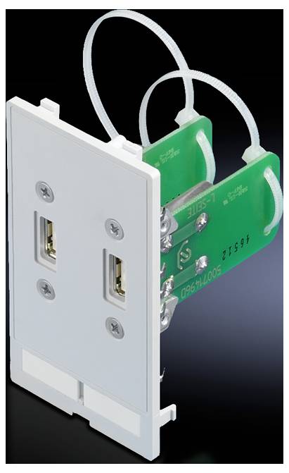 A USB double port with green internal components and metal contacts, designed for wall mounting.